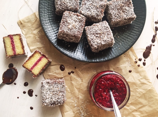 Wholefood Gluten Free Lamingtons with Raspberry Chia Jam