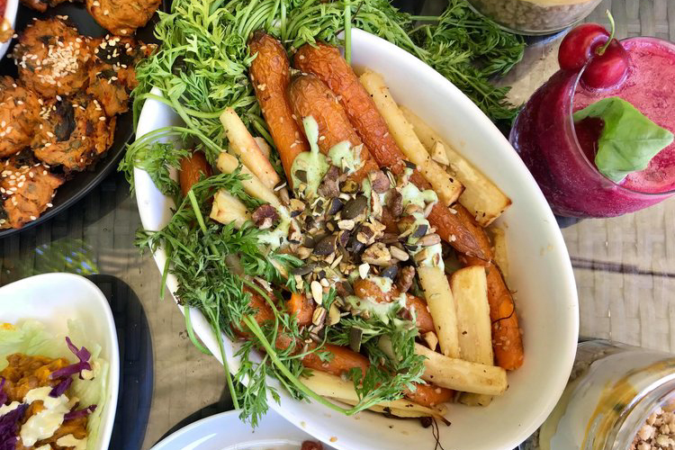 roasted parsnips & carrots with dukkah & dill coconut dressing